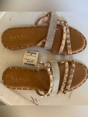 Nicole Miller New York Tan Rhinestone & Spike Slide Sandals